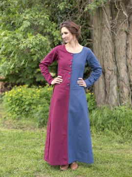 Robe médiévale bicolore à boutons bordeaux et bleu