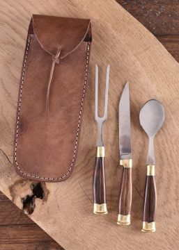 Ménagère médiévale 3 pièces, manche en bois et étui en cuir