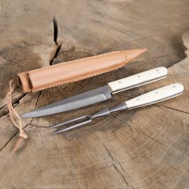 Couverts en acier inoxydable, manche en os et étui en cuir
