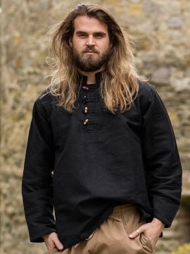 Chemise épaisse col droit et boutons en bois, en noir L