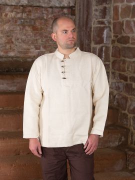 Chemise épaisse col droit et boutons en bois, en écru