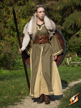 Robe médiévale Astride bicolore en vert olive et sable