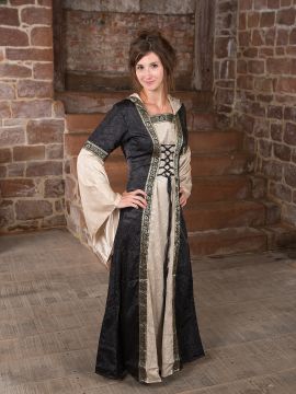 Robe médiévale avec capuche en noir et écru S/M