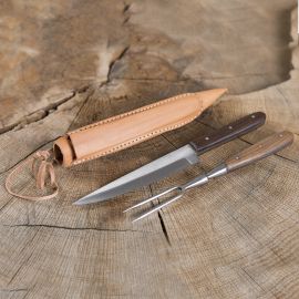 Couverts en acier inoxydable, manche en bois et étui en cuir