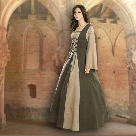 Robe médiévale Fabienne en vert olive et sable