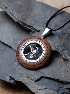 Pendentif corbeau d'Odin en bois et acier inoxydable