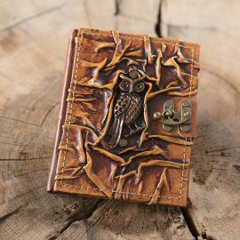 Petit carnet en cuir, motif chouette