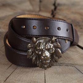 Ceinture en cuir tête de lion, marron