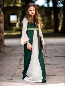 Robe médiévale "Piccolina" en vert et écru