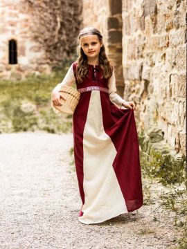 Robe médiévale "Piccolina" en rouge et écru