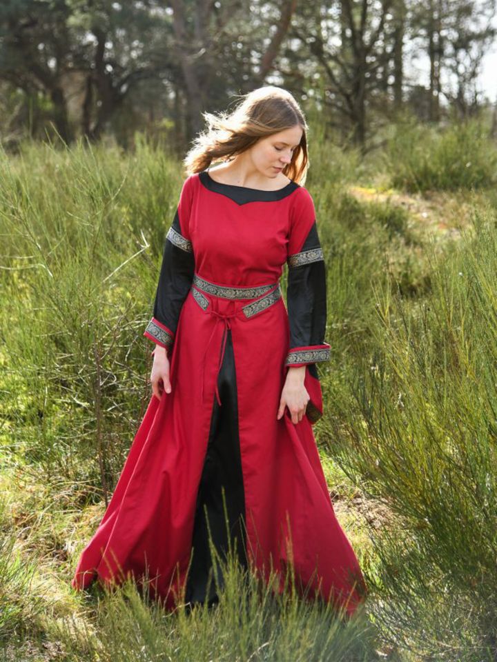 Noble robe médiévale Bliaut rouge-noir S
