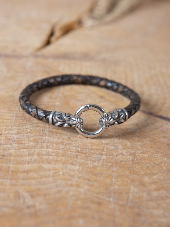 Bracelet en cuir tressé avec Têtes de loups petit