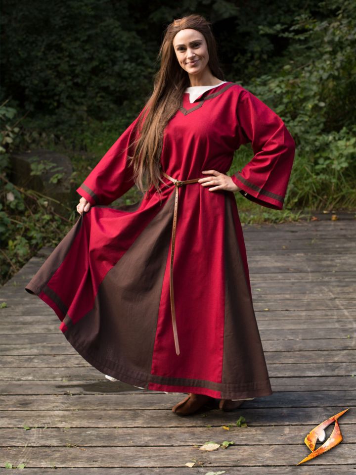 Robe médiévale Astride bicolore en marron et rouge XXL/XXXL