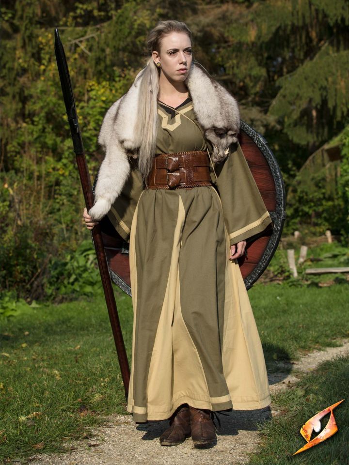 Robe médiévale Astride bicolore en vert olive et sable S/M