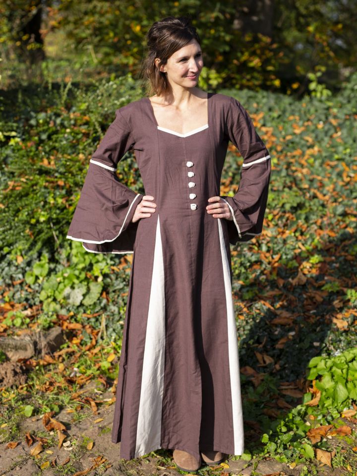 Robe médiévale avec boutons décoratifs, marron-écrue