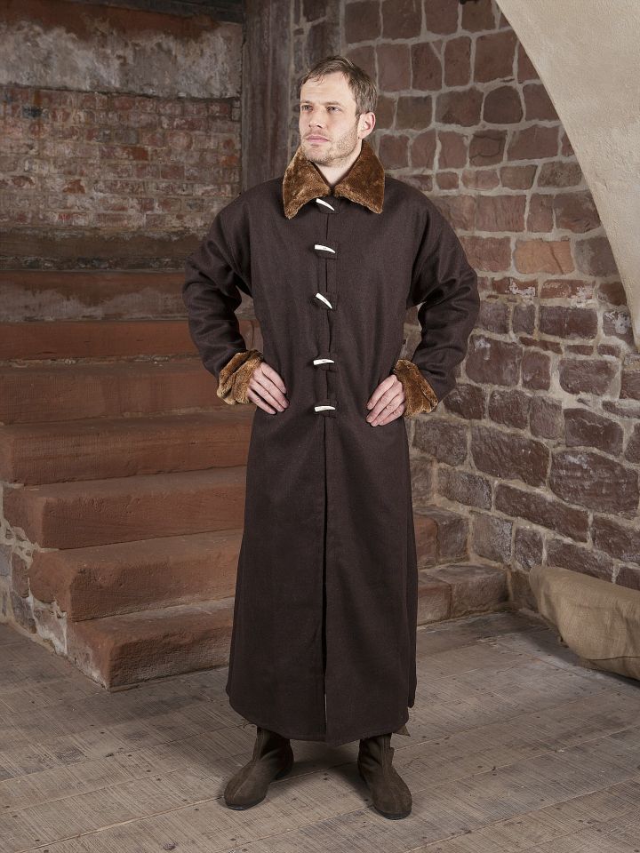 Manteau en laine, col et poignets fourrés en brun