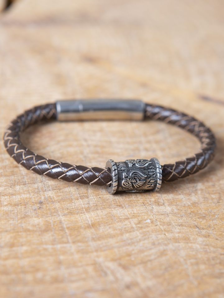 Bracelet en cuir tressé avec perle viking "Corbeaux d'Odin" grand
