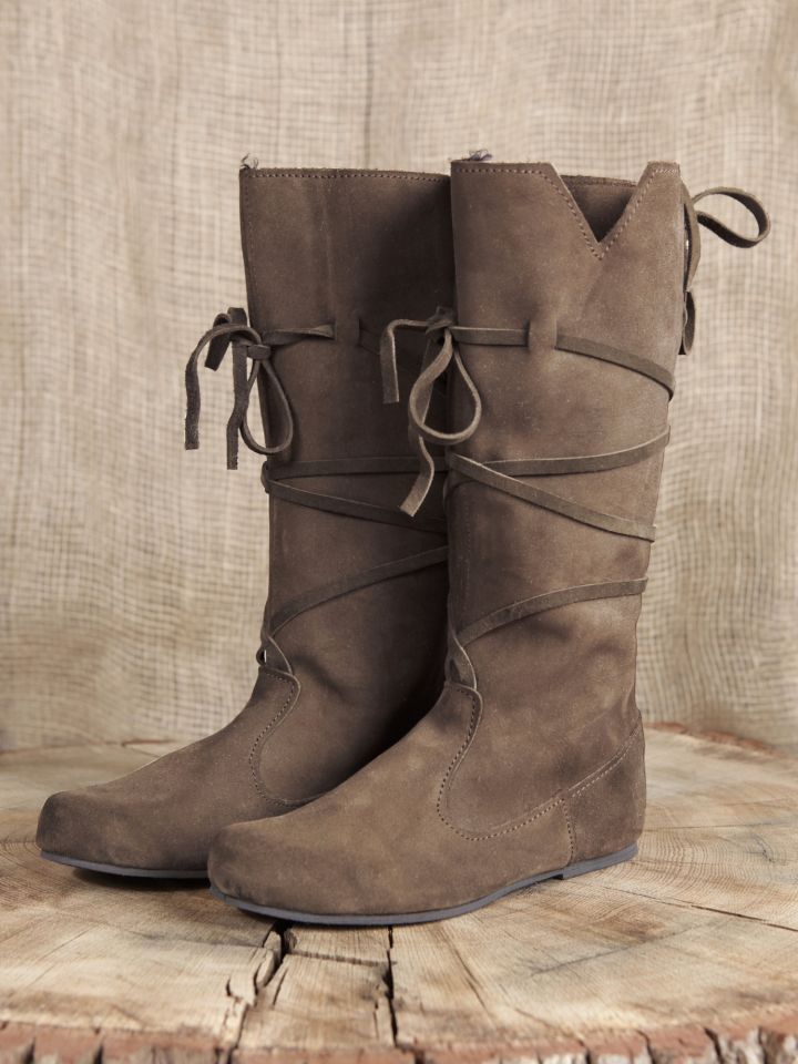 Bottes médiévales en cuir chamoisé, en marron à lacets 37