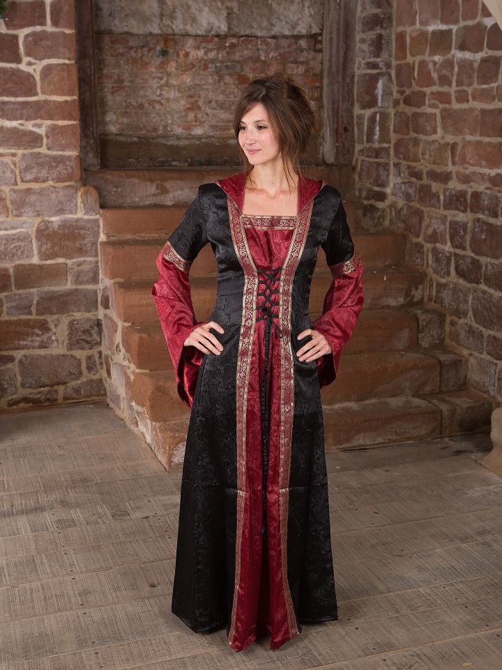 Robe médiévale avec capuche en rouge et noir