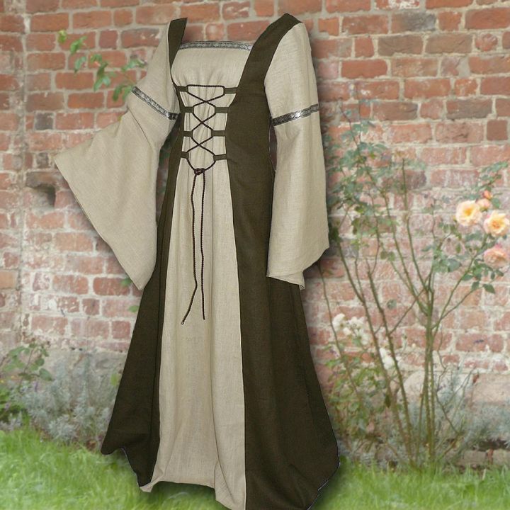 Robe médiévale Elisabeth en vert olive et sable