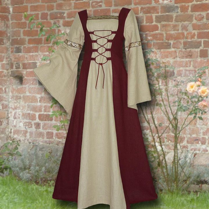 Robe médiévale Elisabeth en bordeaux et sable