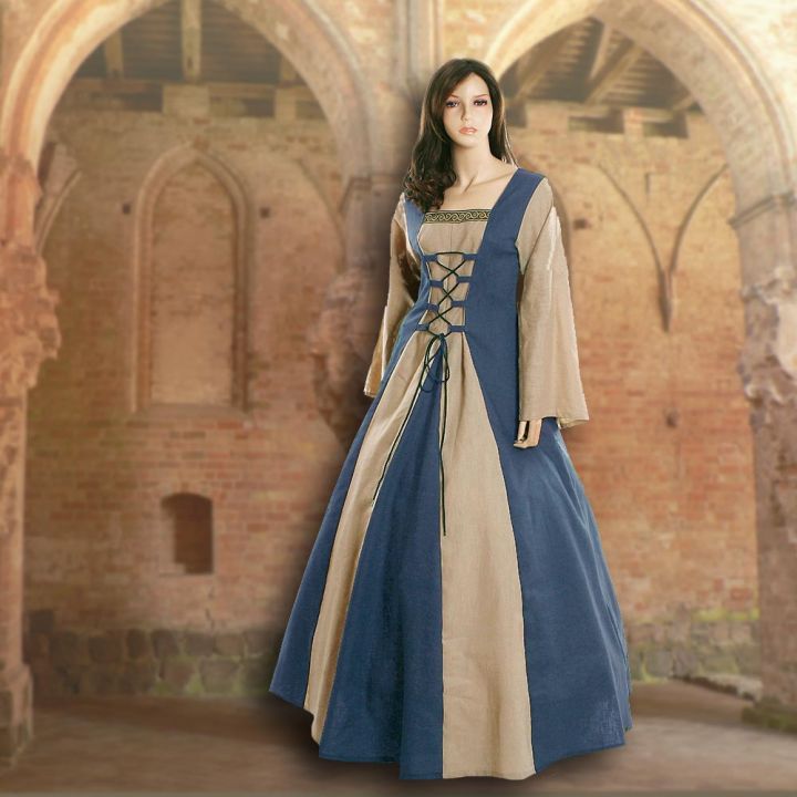 Robe médiévale Fabienne en bleu clair et sable