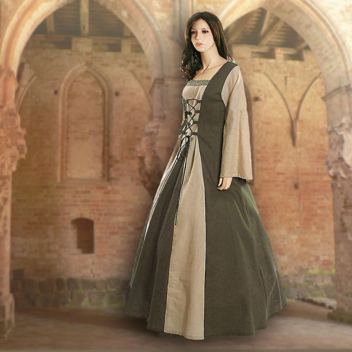 Robe médiévale Fabienne en vert olive et sable 44 - 48