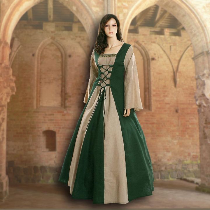 Robe médiévale Fabienne en vert et sable 36 - 42