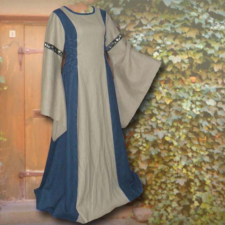 Robe médiévale Frieda en bleu et sable 50 - 54