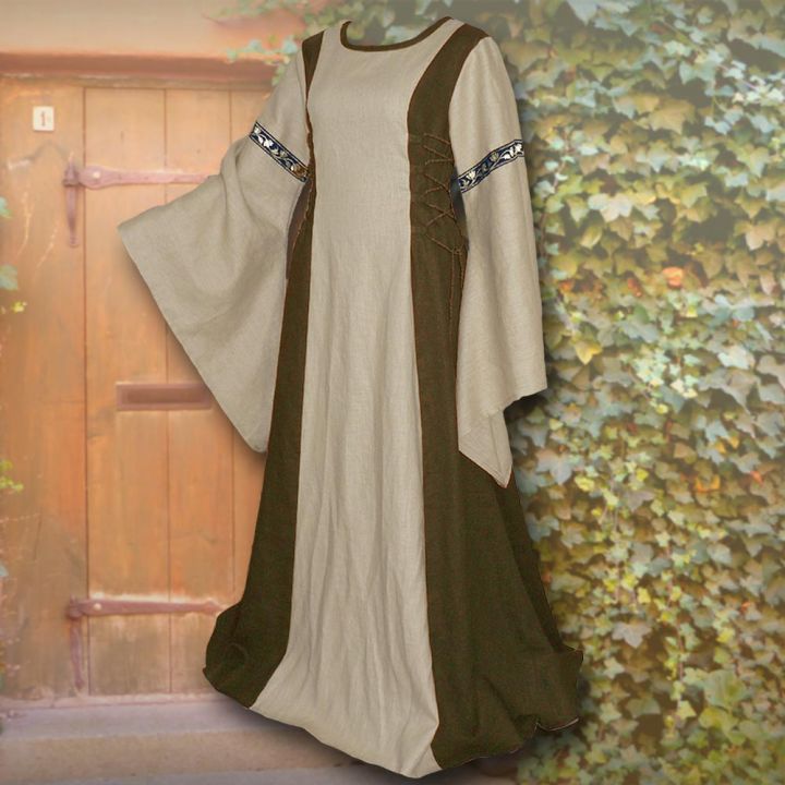 Robe médiévale Frieda en sable et vert olive 50 - 54