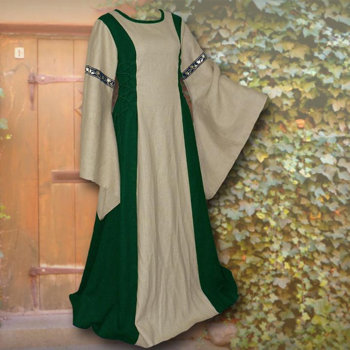 Robe médiévale Frieda en sable et vert