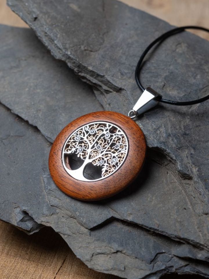 Pendentif Arbre de Vie bicolore en bois et acier inoxydable