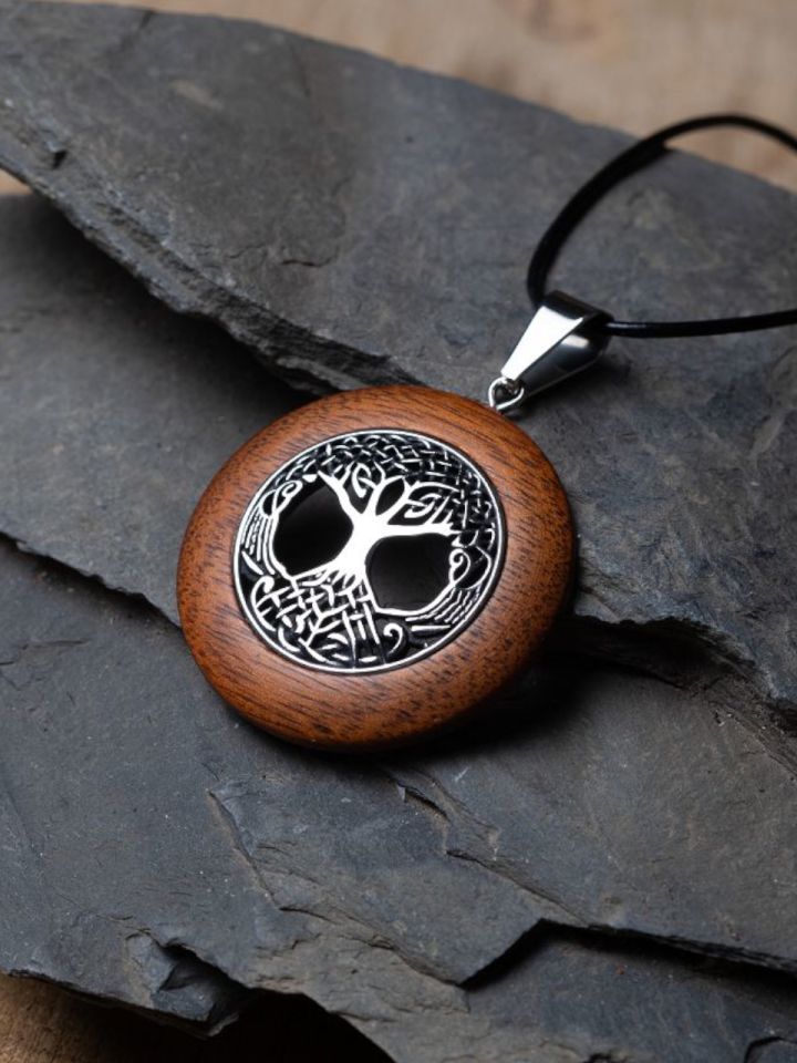 Pendentif Arbre de Vie en bois et acier inoxydable