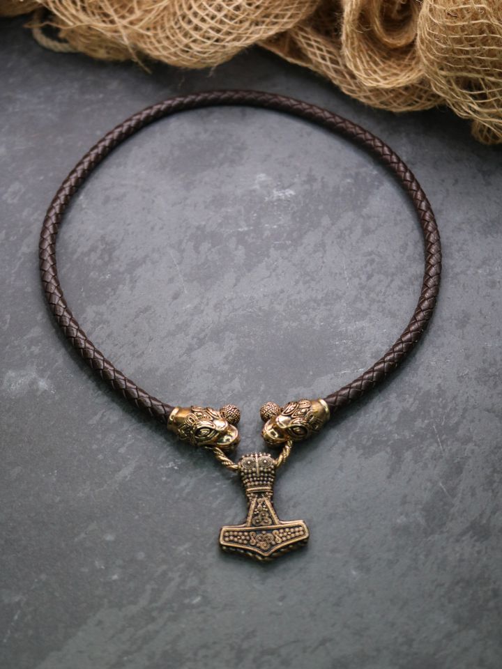 Collier en cuir avec marteau de Thor bronze