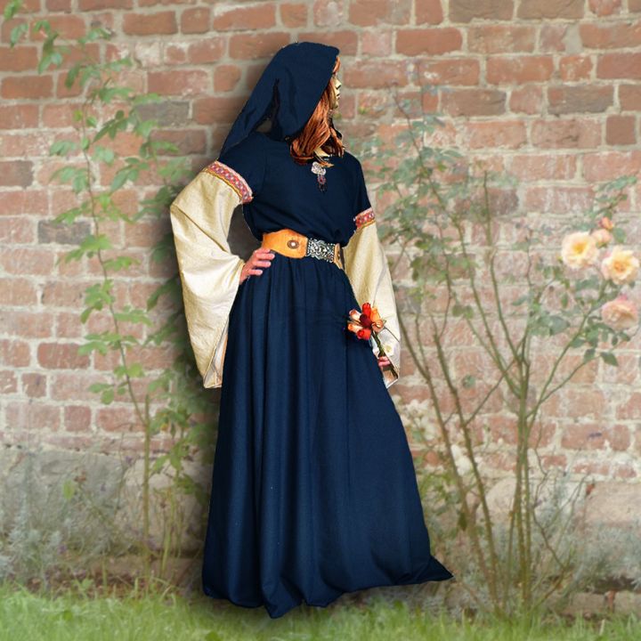 Robe médiévale Johanna à capuche en marine
