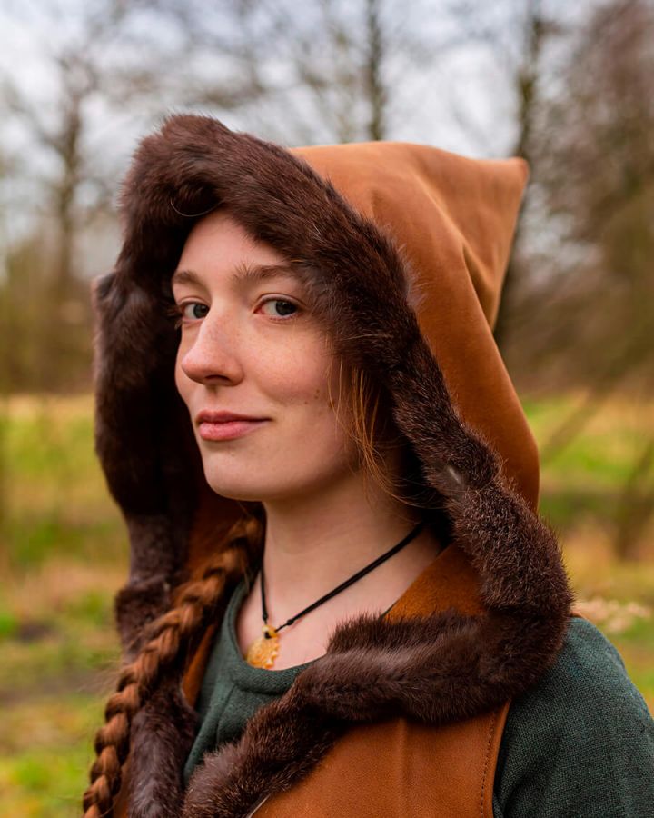 Veste à capuche en cuir brun