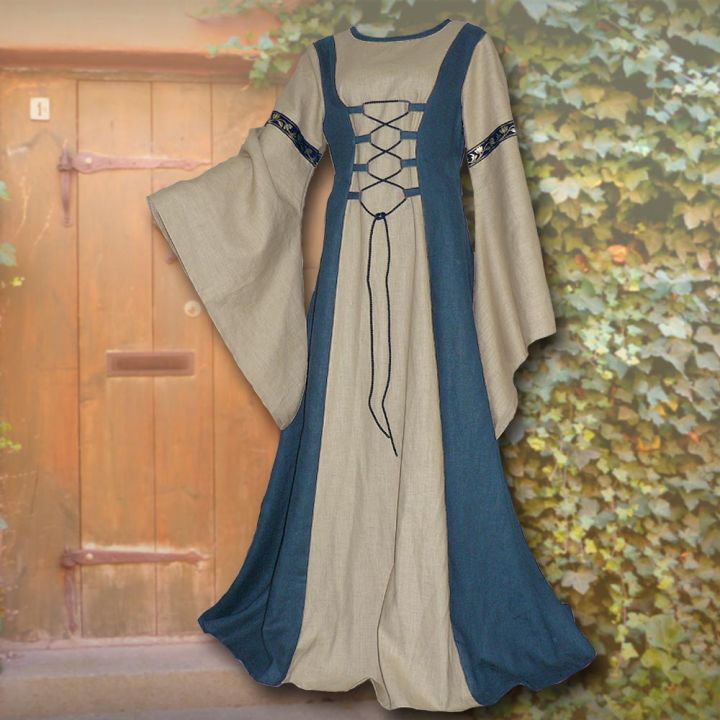 Robe médiévale Catherine sable et bleu clair