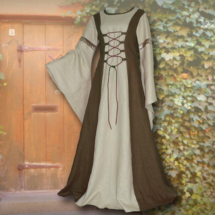 Robe médiévale Catherine vert olive et sable