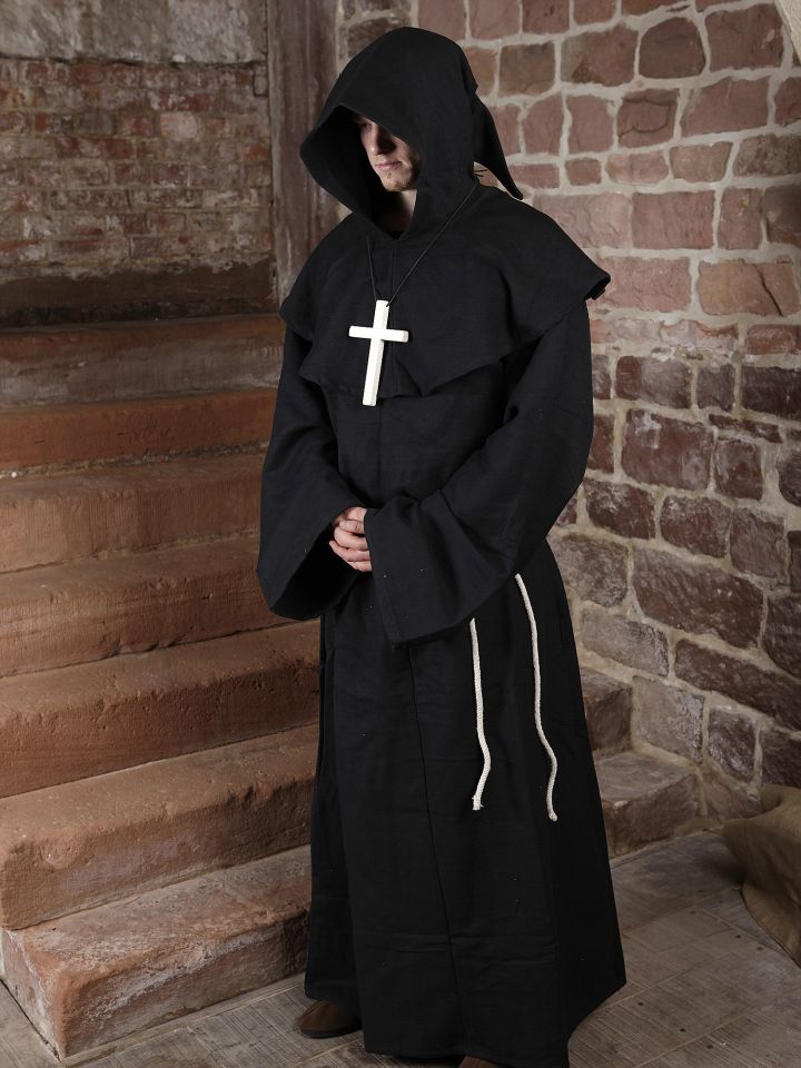 Habit de moine noir avec capuchon amovible avec croix