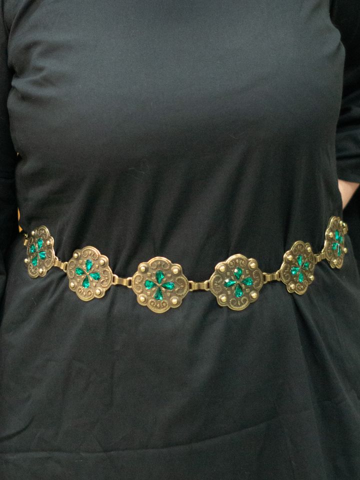 Ceinture en chaîne avec pierres vertes laiton ancien