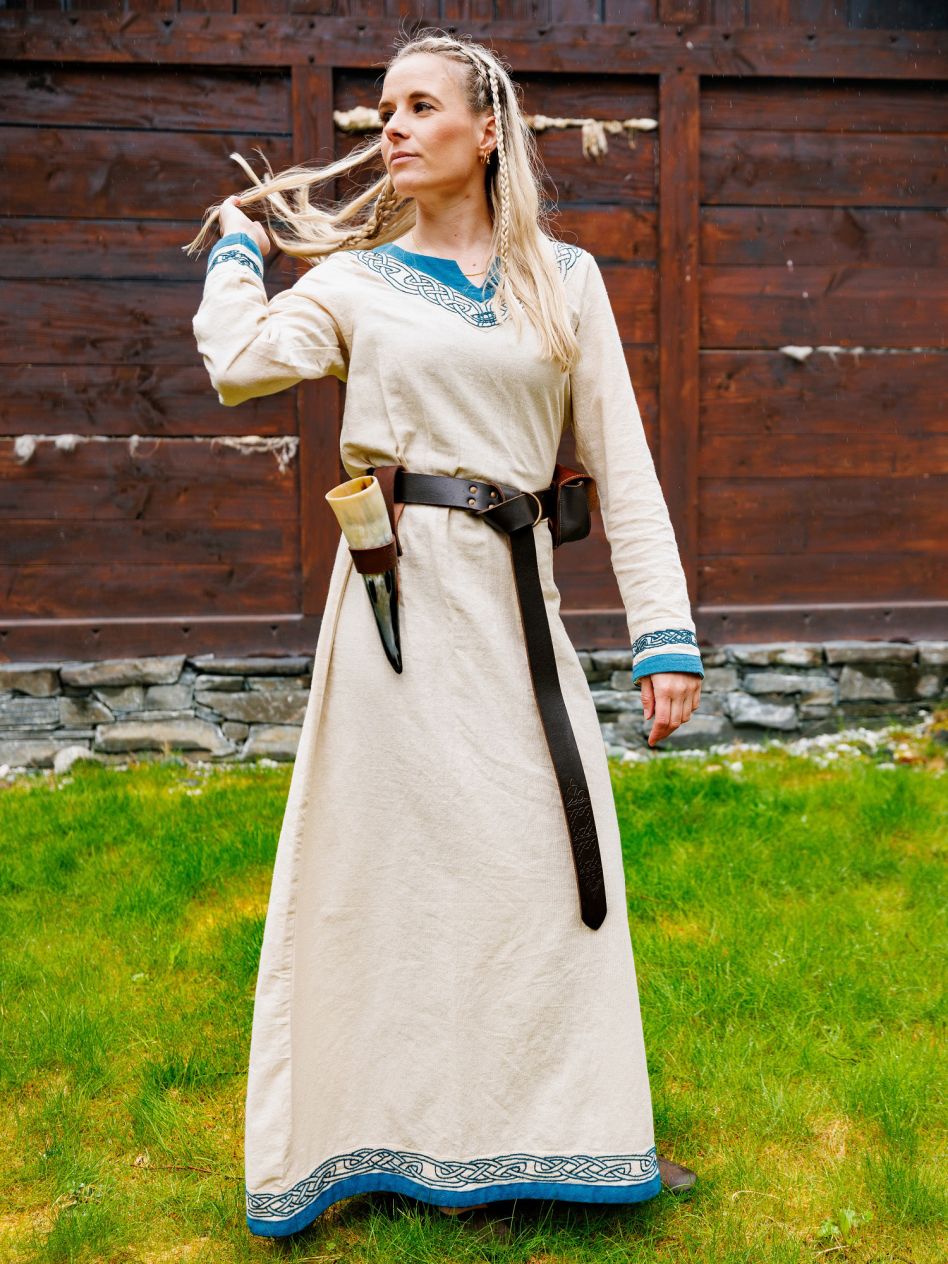 Robe viking Lagertha bleue et ecrue La boutique medievale