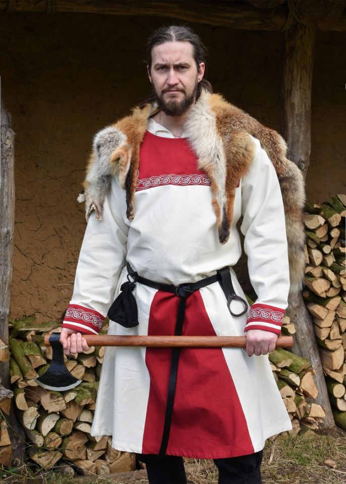 Tunique Viking avec broderies, en écru/rouge S 2