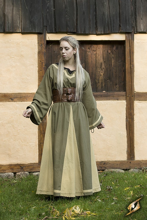 Robe médiévale Astride bicolore en vert olive et sable L/XL 2