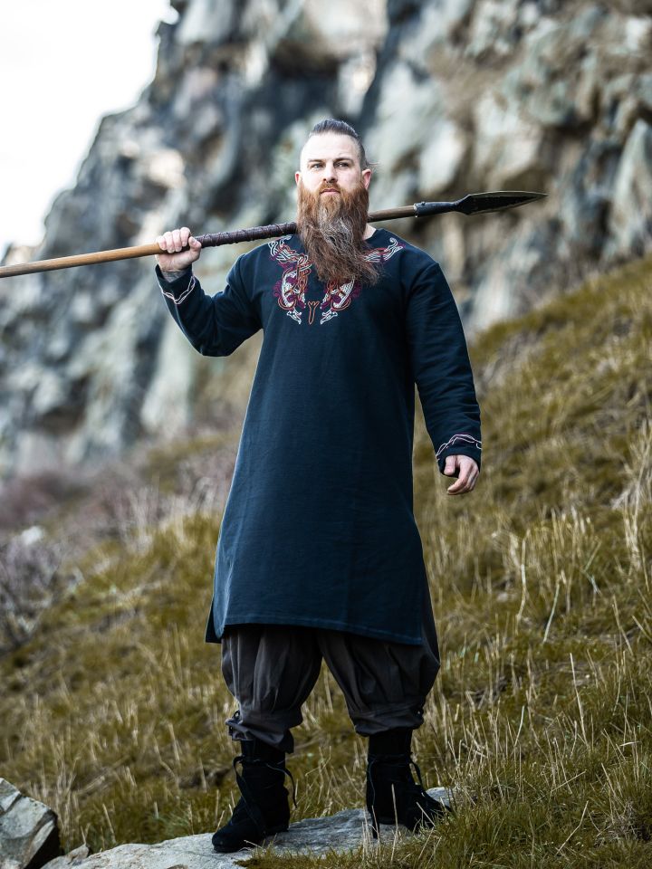 Tunique viking Snorri noire, ornement rouge-écru 2