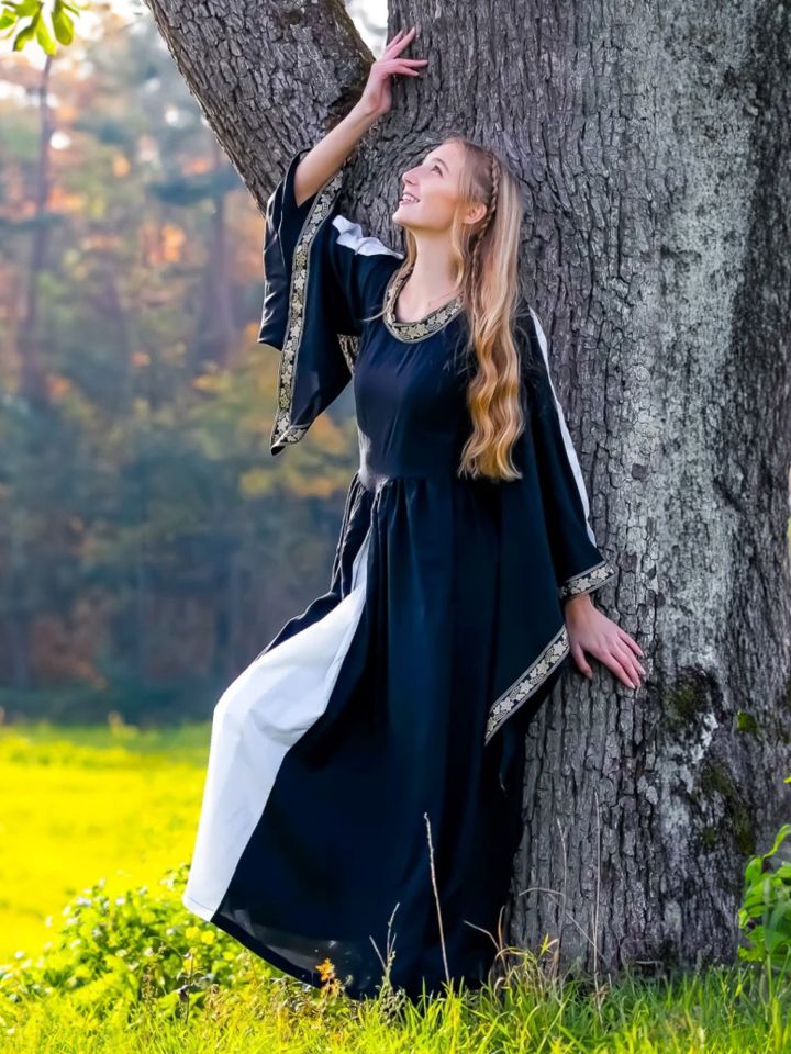 Robe médiévale à gros galons, noire et écrue S 2