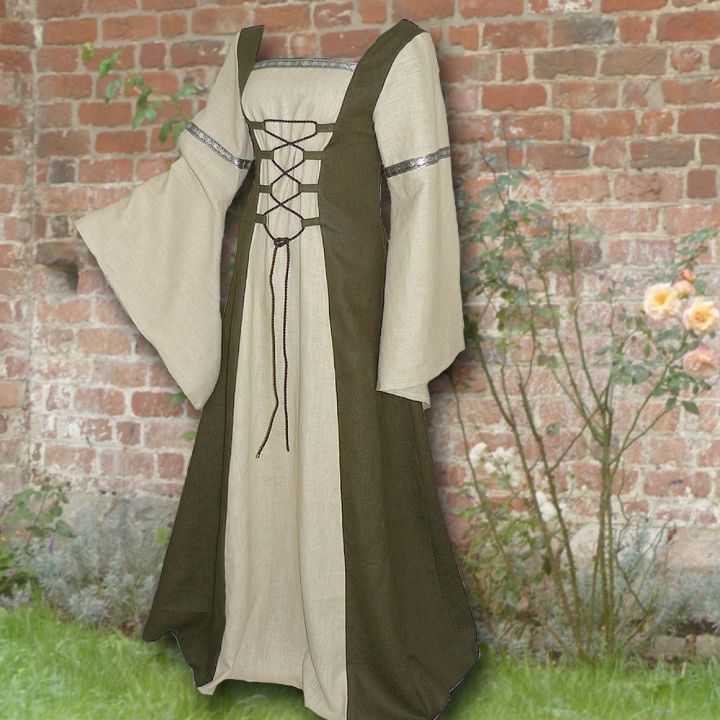 Robe médiévale Elisabeth en vert olive et sable 2