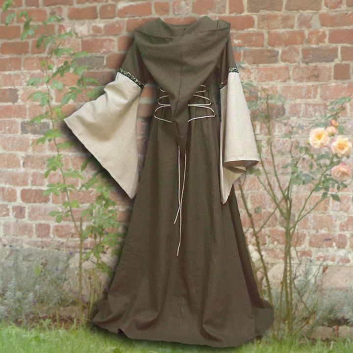 Robe médiévale Johanna à capuche en vert olive 2