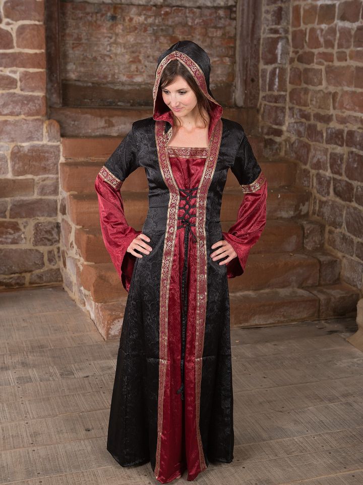 Robe médiévale avec capuche en rouge et noir 3