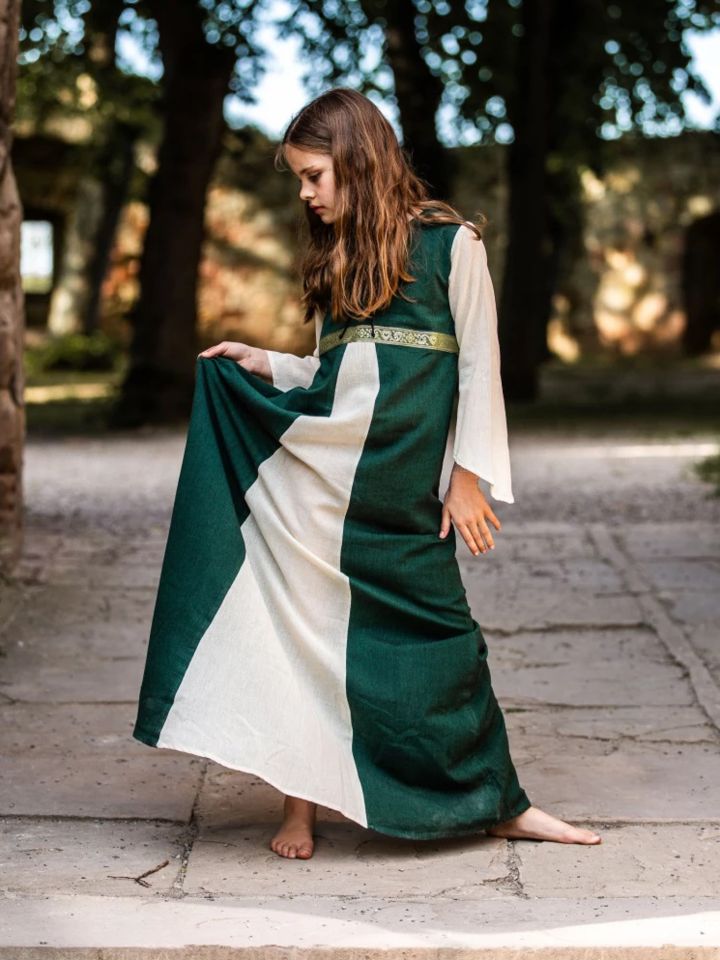 Robe médiévale "Piccolina" en vert et écru 116 3