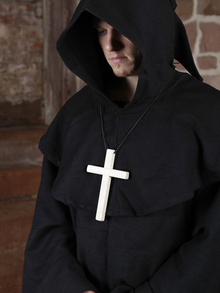 Habit de moine noir avec capuchon amovible avec croix 3